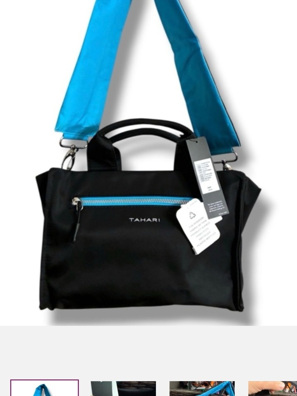 Tahari NEW $89 Tag Black Shoulder Bag with Bright Blue Strap & Zipper - Picture 5 of 5